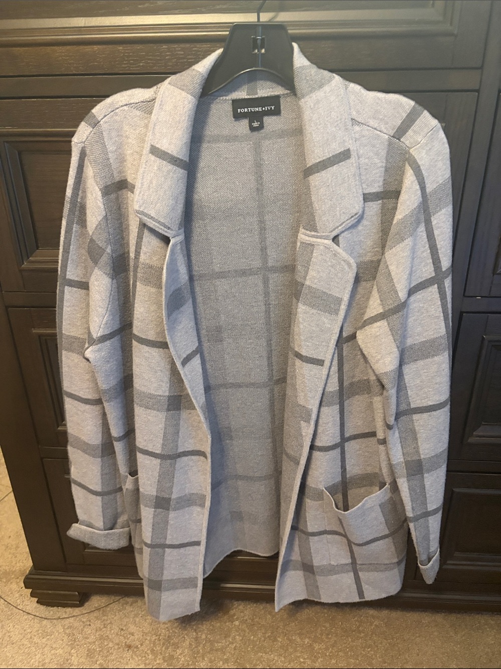 Fortune+Ivy Light Gray Plaid Open Cardigan Blazer